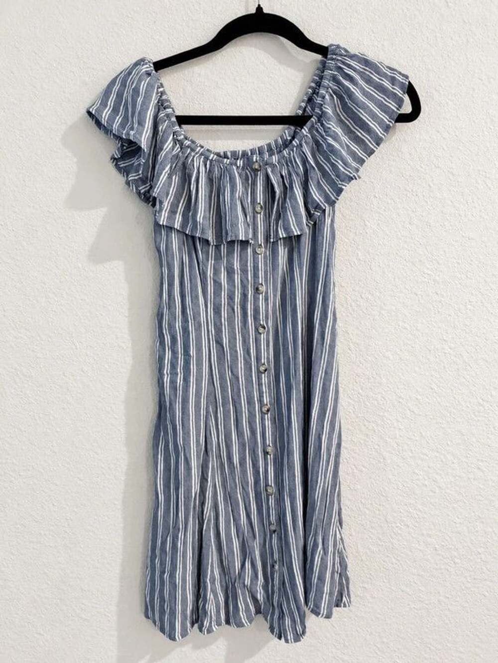 American Eagle Blue & White Striped Ruffle Off-Shoulder Button Front Dress